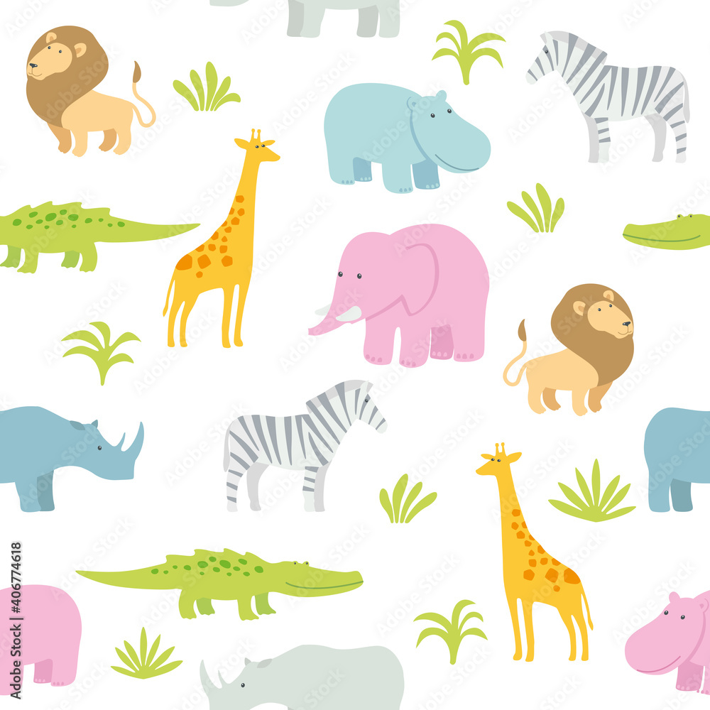 Obraz premium Childrens seamless pattern African animals. Cute lion, baby elephant, giraffe, hippo, zebra and crocodile. Funny illustration