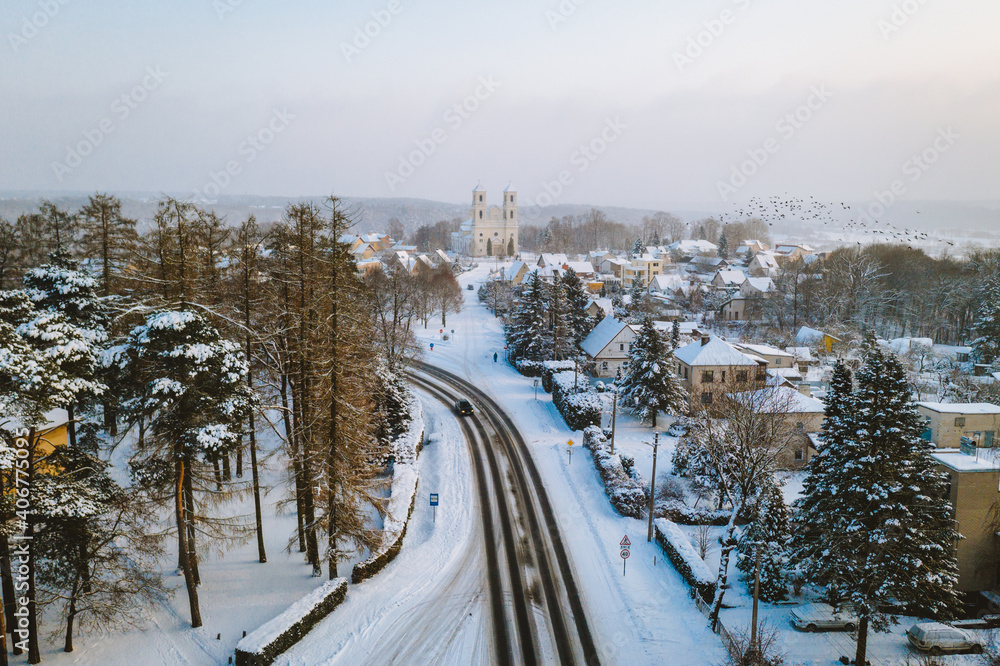 Aerial view of Raudondvaris town in winter time. Aerial view of Raudondvaris town in winter time.