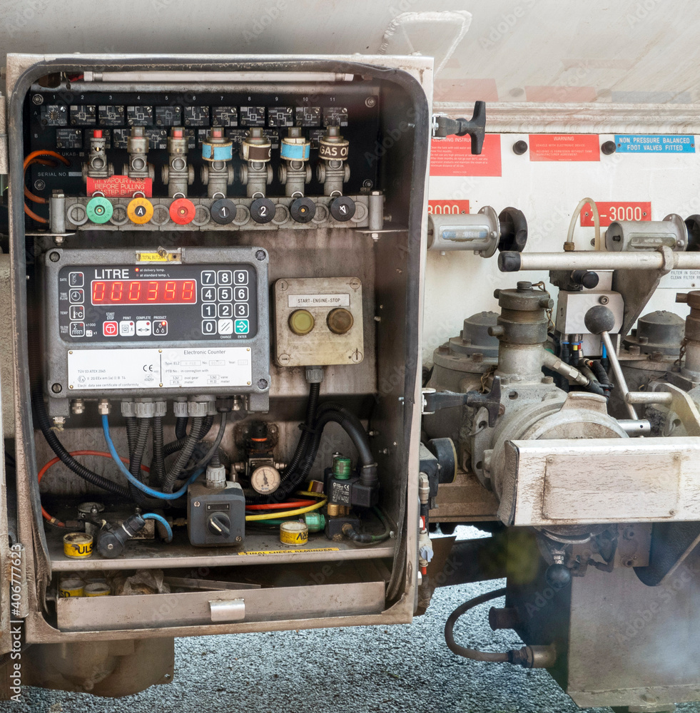 England, UK. 2021. Electronic counting of delivered fuel oil on exterior of delivery truck. England, UK. 2021. Electronic counting of delivered fuel oil on exterior of delivery truck.
