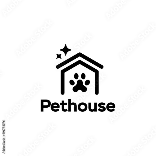 pet house logo concept design, dog cat paw house petcare home logo vector icon in trendy minimal line art style illustration