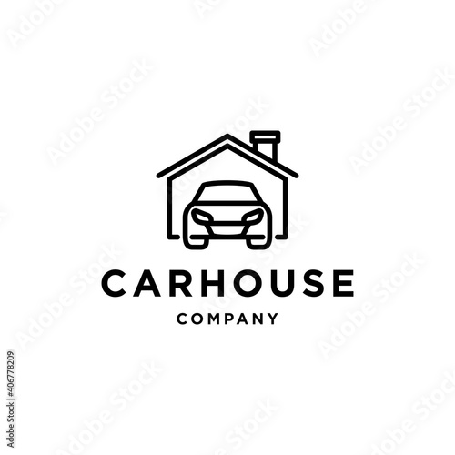 Car and house logo icon vector, car out from garage, concept for insurance, vehicle dealership and garage in trendy simple minimal modern style illustration.