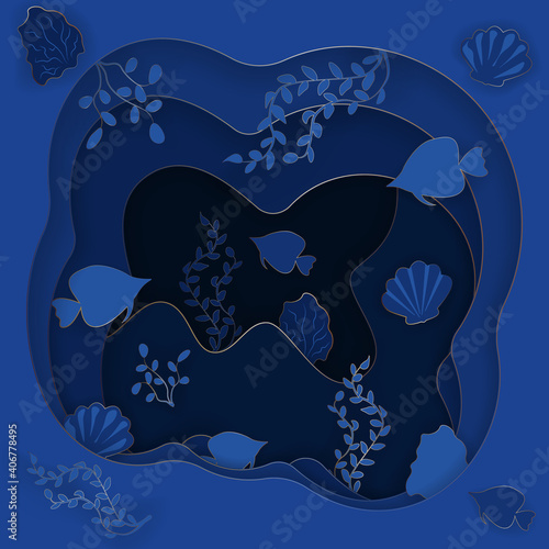 Paper underwater sea cave with fish, seaweed, shells. Luxury design with golden waves. The bottom of the sea. Paper cutting style. Concept. Vector illustration, eps