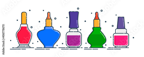 Cosmetic containers nail polish in row. Female fashion product. Five plastic or glass bottle. Fashion and style. Closeup on white backdrop. Isolated object. Illustration isolated white background