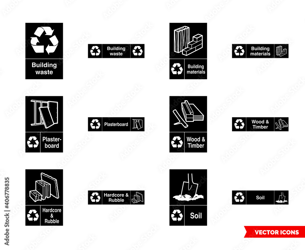 Building recycling signs icon set of black and white types. Isolated vector sign symbols. Icon pack.