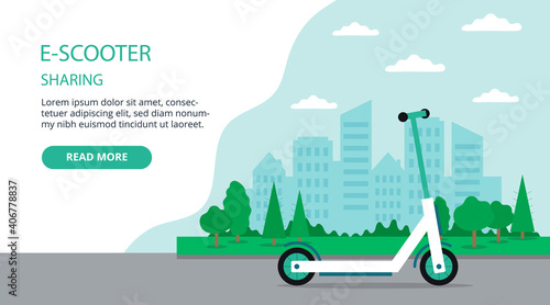 Electric Scooter Sharing Concept Illustration In Cartoon Style. Flat Vector Composition, Webpage Template With Text And Button. Ecological Transportation, Personal Vehicle. Cityscape Background, Road