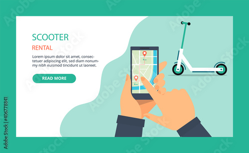 Electrical Scooter Rental Conceptual Illustration With Frame. Vector Composition In Cartoon Flat Style. Webpage Advertisement With Button And Text. Hand Keeping Smartphone, Map With GPS On Screen
