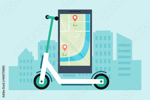 Electric Scooter Rental. Vector Illustration In Cartoon Flat Style Of Vehicle Sharing Concept. Composition With Transport And Big Smartphone With Map And Location On Screen. Cityscape On Background