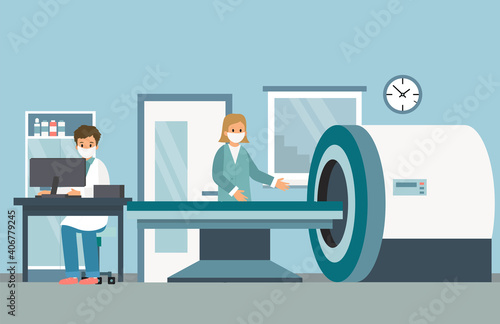 Magnetic Resonance Imaging Machine. Medical Staff Of Two Characters In Face Masks. Modern Healthcare Technology Equipment. Vector Illustration In Cartoon Flat Style. Hospital Cabinet Indoors Design