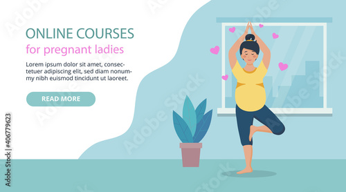 Online Courses For Pregnant Women Vector Illustration In Flat Cartoon Style. Webpage Layout Composition With Blue Button And Relaxed Female Character In Yoga Position. Sport And Healthy Life Placard