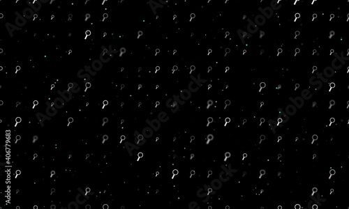 Seamless background pattern of evenly spaced white magnifier symbols of different sizes and opacity. Vector illustration on black background with stars