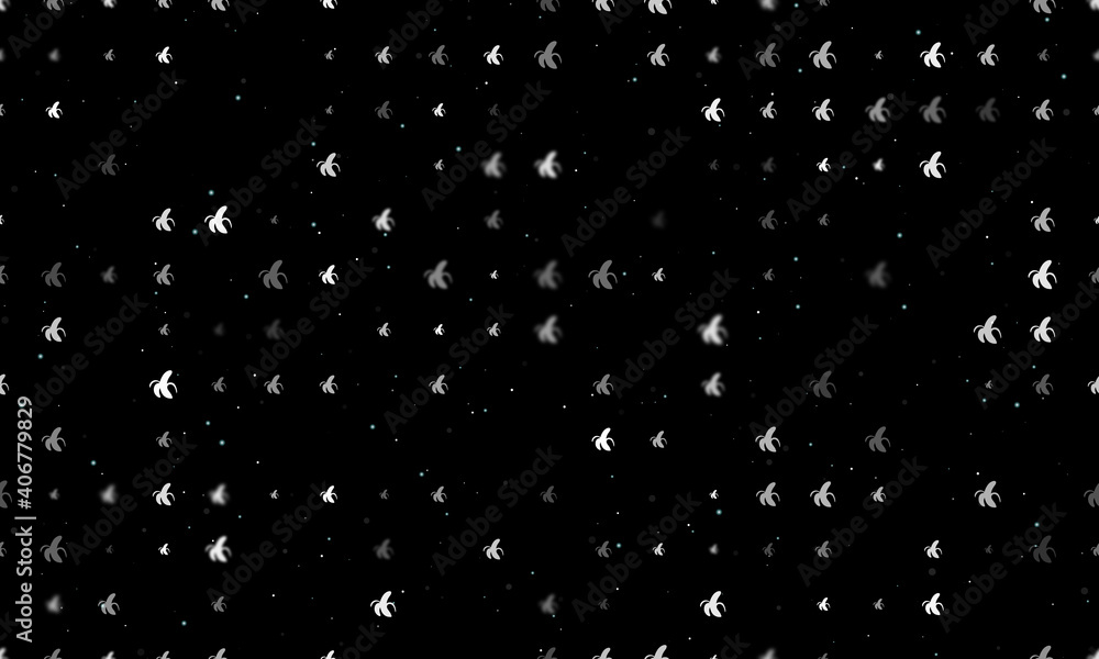 Seamless background pattern of evenly spaced white peeled banana symbols of different sizes and opacity. Vector illustration on black background with stars Seamless background pattern of evenly spaced white peeled banana symbols of different sizes and opacity. Vector illustration on black background with stars