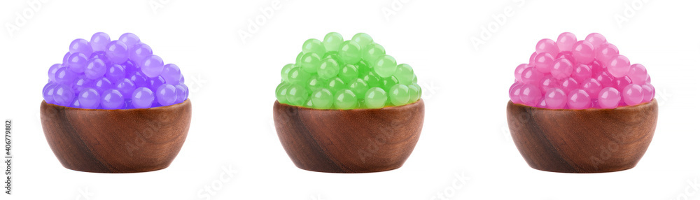Mix tapioca pearls for bubble tea isolated on white background. Tapioca pearls in bowl. Mix tapioca pearls for bubble tea isolated on white background. Tapioca pearls in bowl.