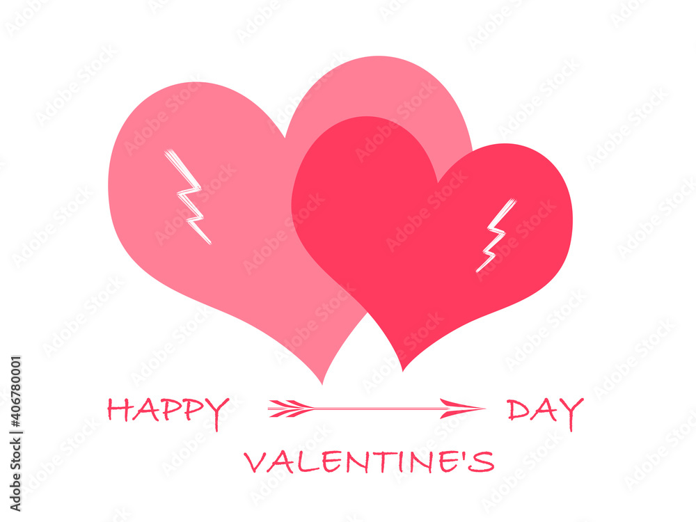 Greeting card to Valentines Day. The attraction of two hearts. Stylized lightning on hearts, creative arrow in the lettering.