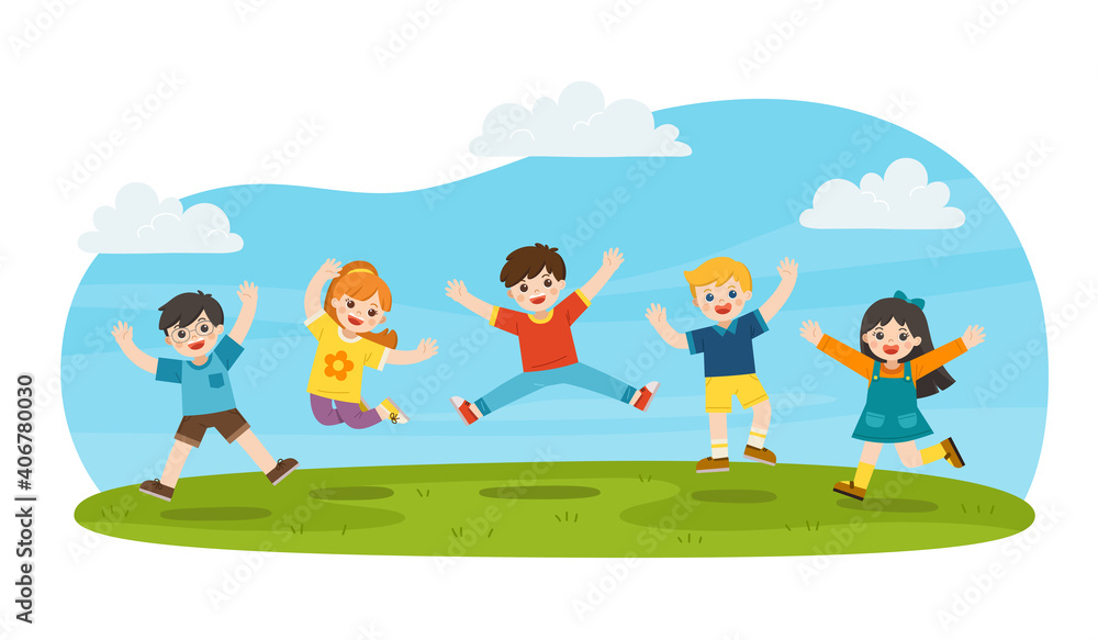 Children's activities. Happy children are jumping on the park. Template for advertising brochure.