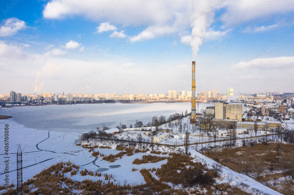 Obraz premium Garbage incineration plant at the winter aerial panorama view.