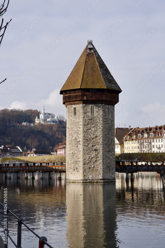 Old town of Lucerne with lake Lucerne. Photo taken January 8th, 2021, Lucerne, Switzerland.