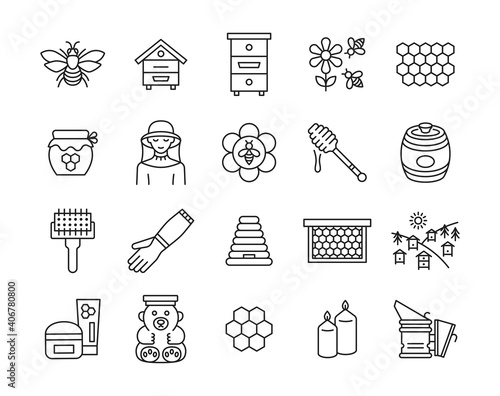 Beekeeping line icon set. Collection sign with bee, hive, honey, beekeeper,equipment, apiary. Editable strokes.