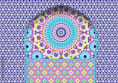 Arabic seamless mosaic. Yellow, pink and blue colors. Zellige Colorful Vector.