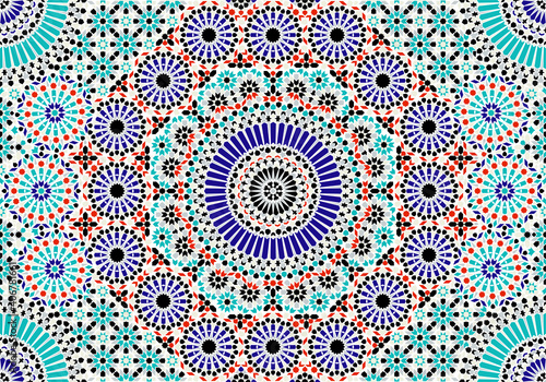 Arabic seamless mosaic. Red, blue and green colors. Zellige Colorful Vector. © Mademoiselle_Sadia