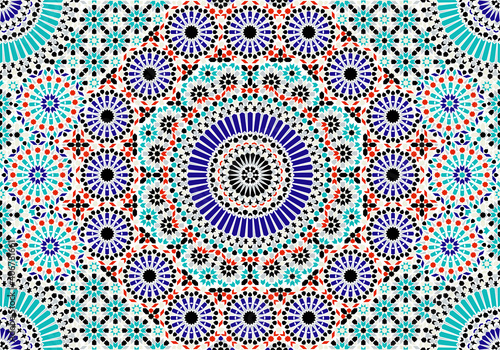 Arabic seamless mosaic. Red, blue and green colors. Zellige Colorful Vector.