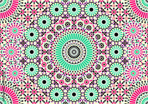 Arabic seamless mosaic. Pink, purple and green colors. Zellige Colorful Vector.