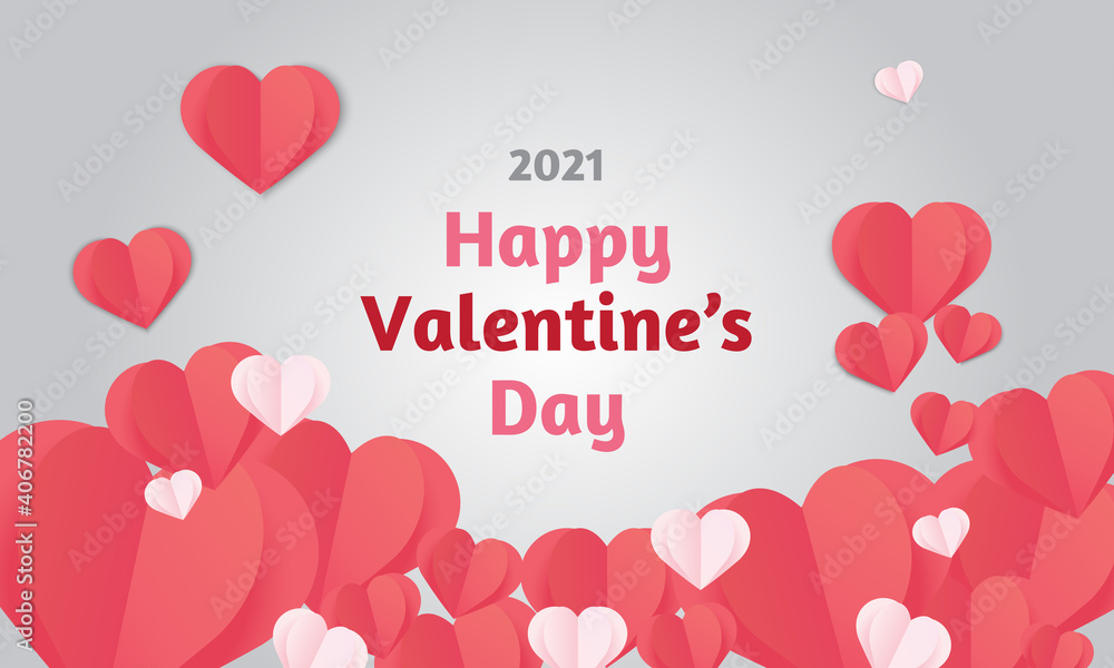 Lots of red and pink hearts with happy valentine's day messages on light gray background. Vector illustration. Paper cut decorative for valentine's day design
