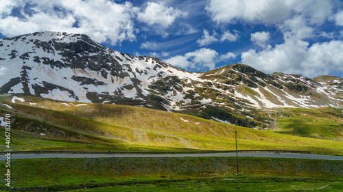 Mountain landscape along the road to Stelvio pass (Lombardy) at summer