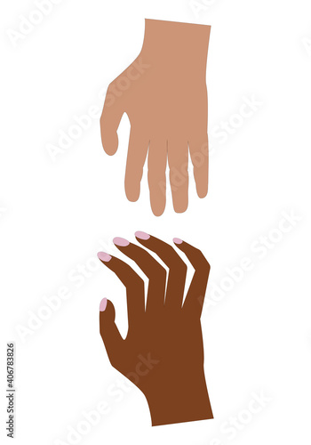 Mano de color pidiendo auxilio o socorro y mano blanca prestando ayuda