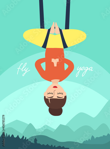 Fly yoga. Girl in the lotus position on the background of mountain landscape. woman in meditation. flat vector illustration.