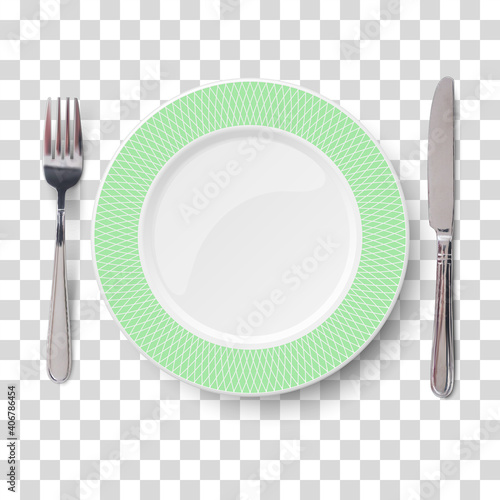 Empty vector green plate with geometric white pattern and knife and fork isolated on transparent background. View from above.