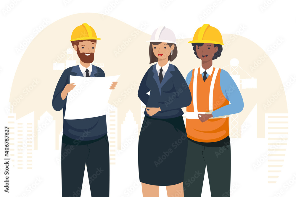 Architects and woman engineer with helmets vector design Architects and woman engineer with helmets vector design