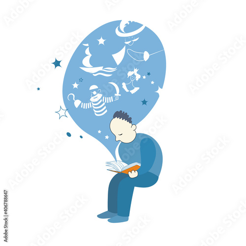 Man reads book and dreams. Vector color image.
