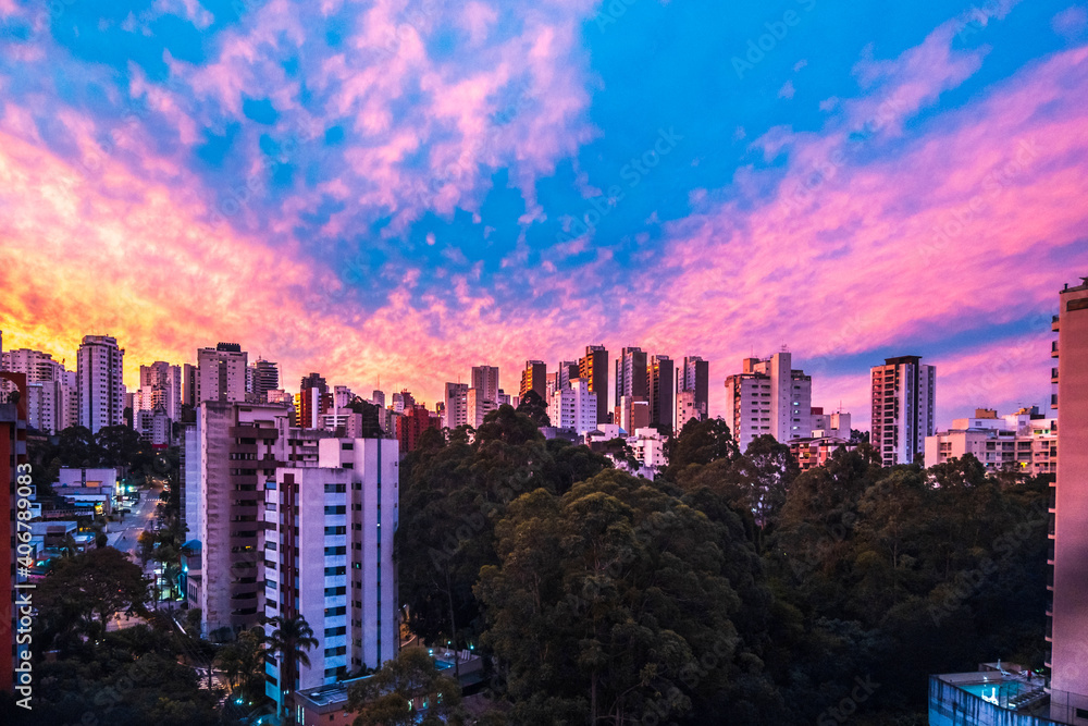Buildings in sao paulo with colorful and unique sunset sky