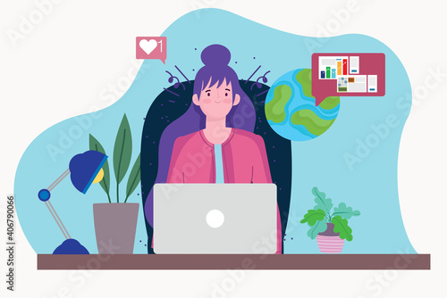 woman working with laptop making statistical analysis, people working