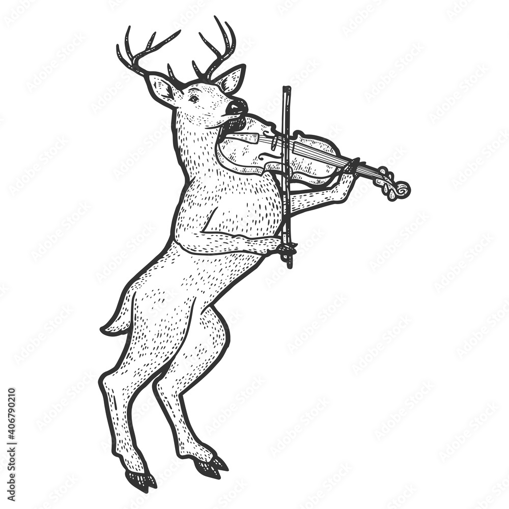 Fototapeta premium Reindeer Playing Violin. Engraving raster illustration. Sketch scratch