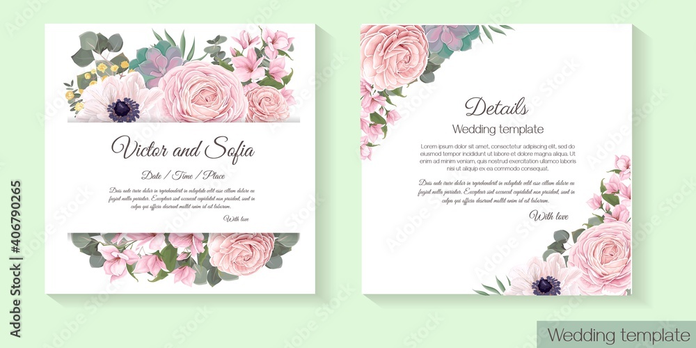 Floral template for wedding invitation. Pink roses, anemones, magnolia, succulent plants, green plants and flowers. Vector postcard.