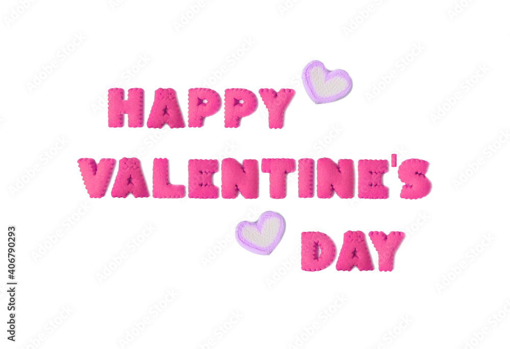 The word HAPPY VALENTINE'S DAY spelled with alphabet cookies and heart shaped marshmallows on white background The word HAPPY VALENTINE'S DAY spelled with alphabet cookies and heart shaped marshmallows on white background