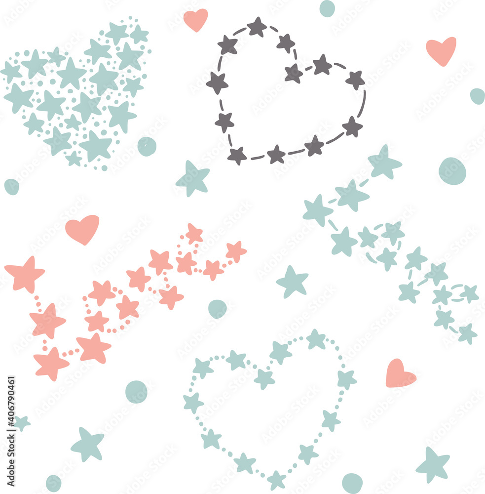 Heart and love constellations vector elements hand drawn, isolated on white background