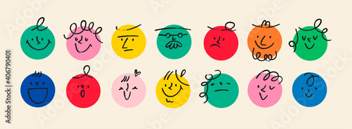 Fototapeta Round abstract comic Faces with various Emotions. Crayon drawing style. Different colorful characters. Cartoon style. Flat design. Hand drawn trendy Vector illustration.