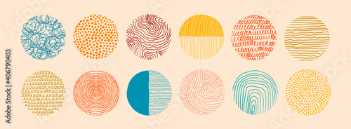 Set of round Abstract colorful Backgrounds or Patterns. Hand drawn doodle shapes. Spots, drops, curves, Lines. Contemporary modern trendy Vector illustration. Posters, Social media Icons templates photo