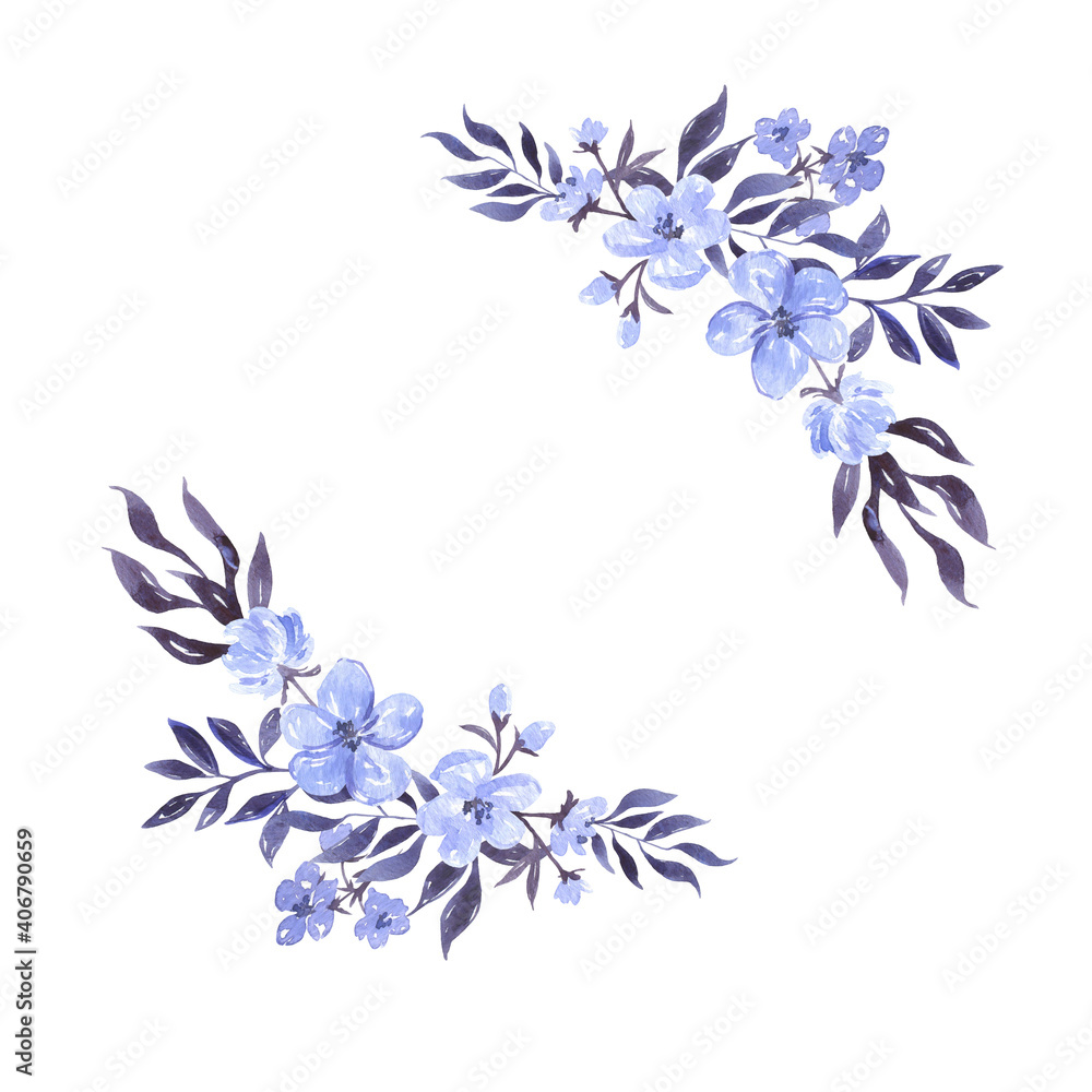Decorative blue flowers and violet leaves graphic border. Hand drawn watercolor illustration.