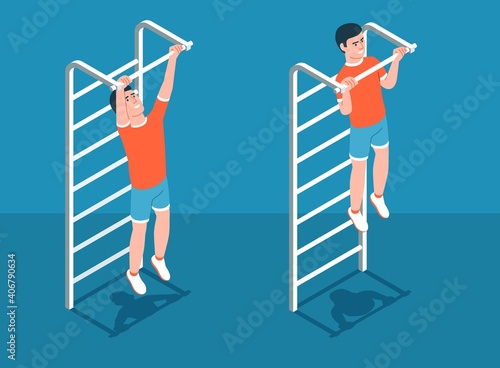 Chin-up on bar exercise. Bodyweight Athletic workout. Vector isometric illustration.