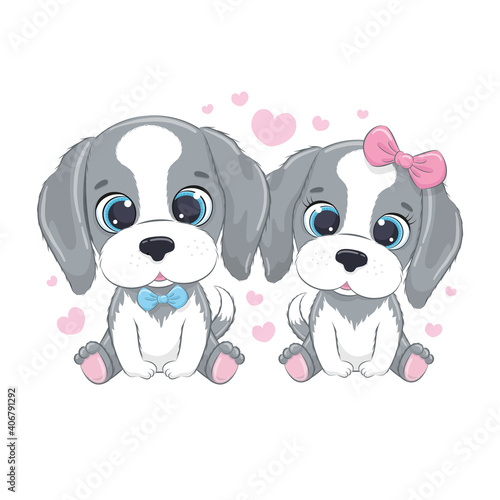 Cute little dogs with hearts. Happy Valentine's day clipart.