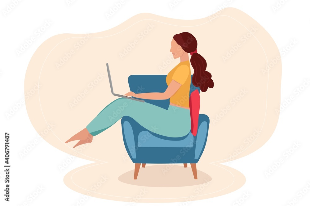 Vector illustration of a girl at a laptop.Work from home, freelancer.Quarantine Vector illustration of a girl at a laptop.Work from home, freelancer.Quarantine