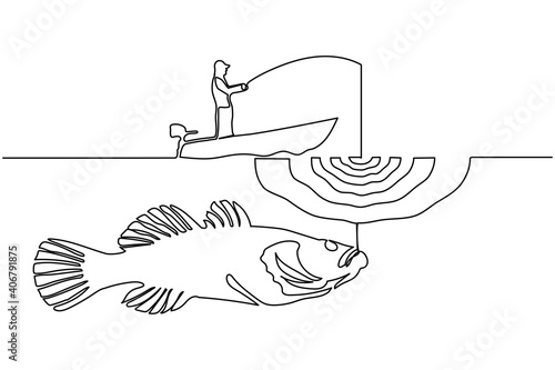 Drawing in one line. A fisherman from a boat catches a big fish.