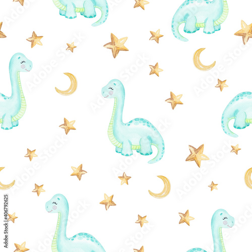 Watercolor blue baby dinosaur   and stars seamless pattern on white background. Baby dino print for fabric  textile  wrapping  scrapbook  wallpaper