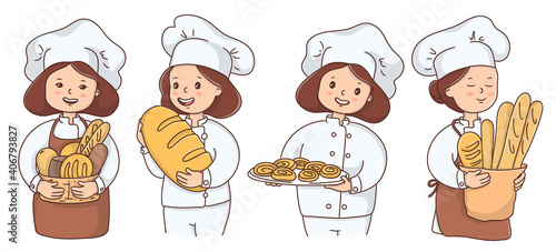 Set with a woman baker. A woman in a chef's uniform and wearing an apron with various baked goods on a white background. The set for the bakery, advertising, website. Vector illustration.