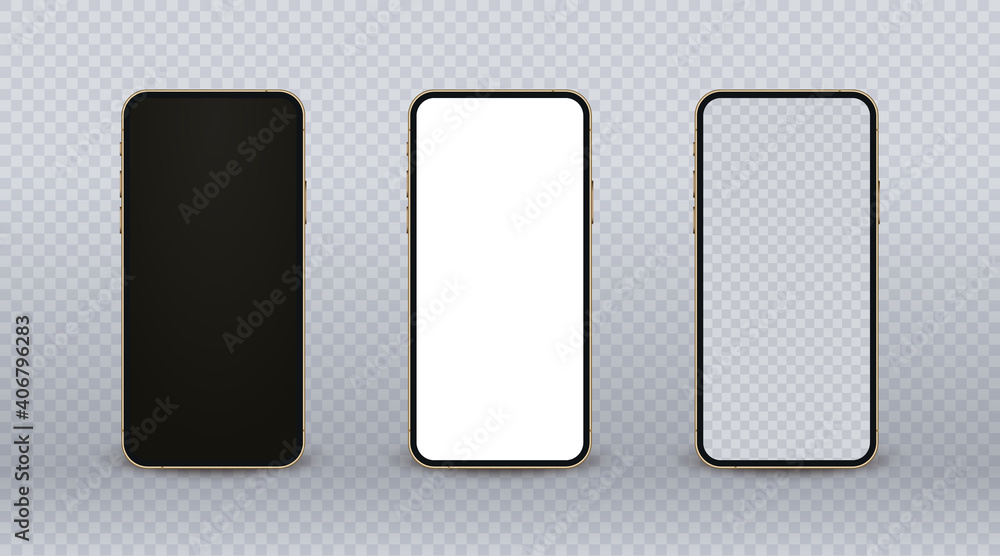 Gold smartphone mockup, realistic mobile phone set with modern thin frame and blank screen on transparent backgtound. Front view of cellular display for show your app design. Vector template. Gold smartphone mockup, realistic mobile phone set with modern thin frame and blank screen on transparent backgtound. Front view of cellular display for show your app design. Vector template.