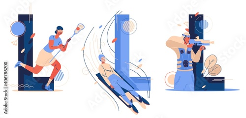 Collection of various sport starting with L. Luge sleigh riding, lacrosse and lasertag game. Women playing and training. Concept collection