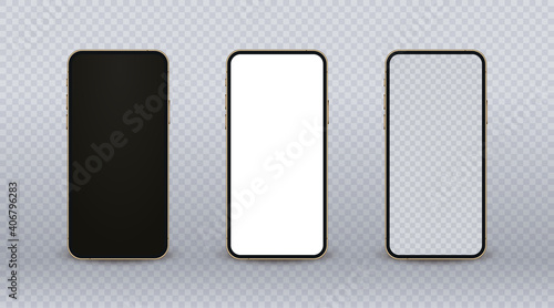 Gold smartphone mockup, realistic mobile phone set with modern thin frame and blank screen on transparent backgtound. Front view of cellular display for show your app design. Vector template.